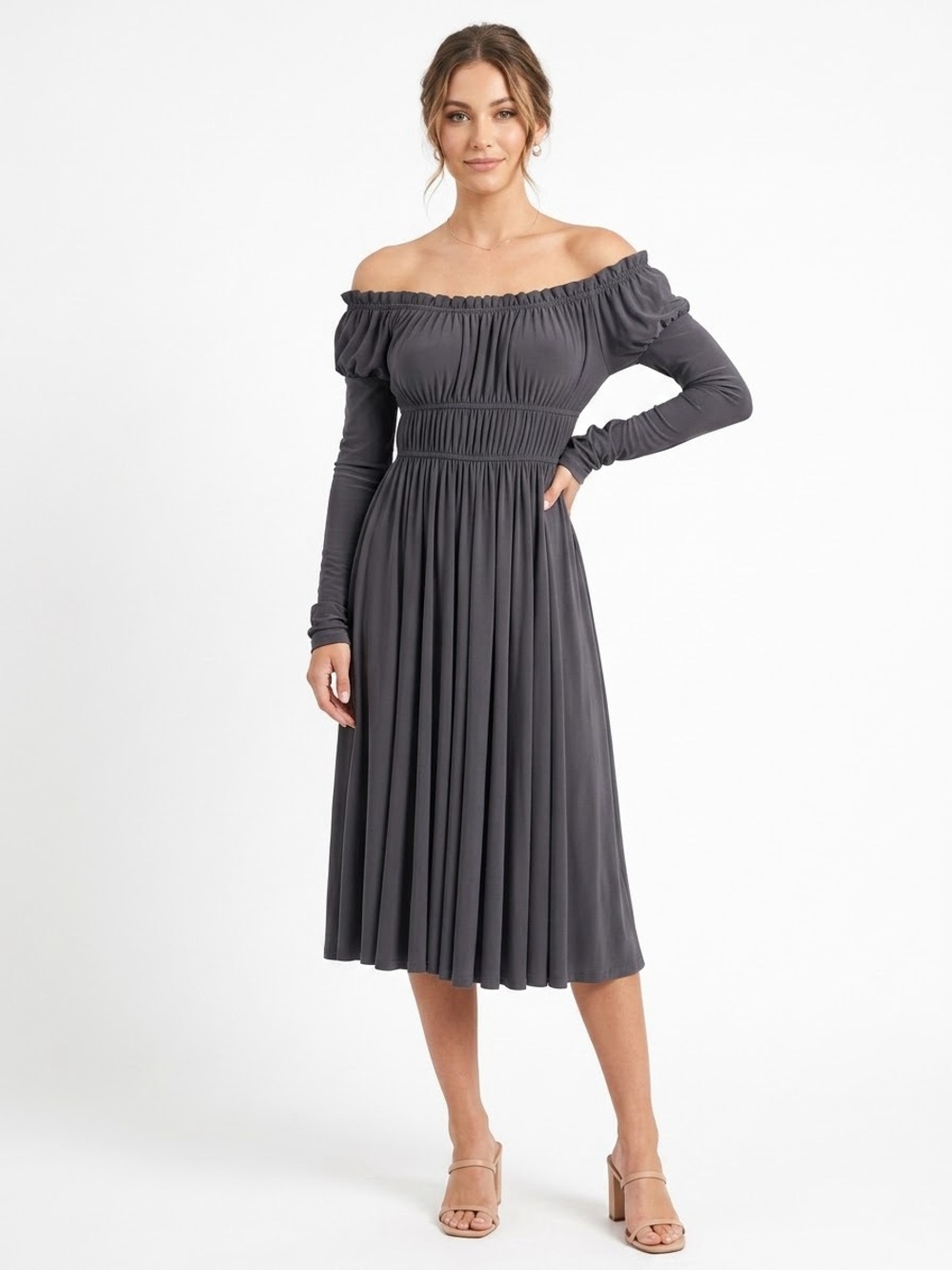 Norma Kamali Grey Long-Sleeve Ruched Dress Medium